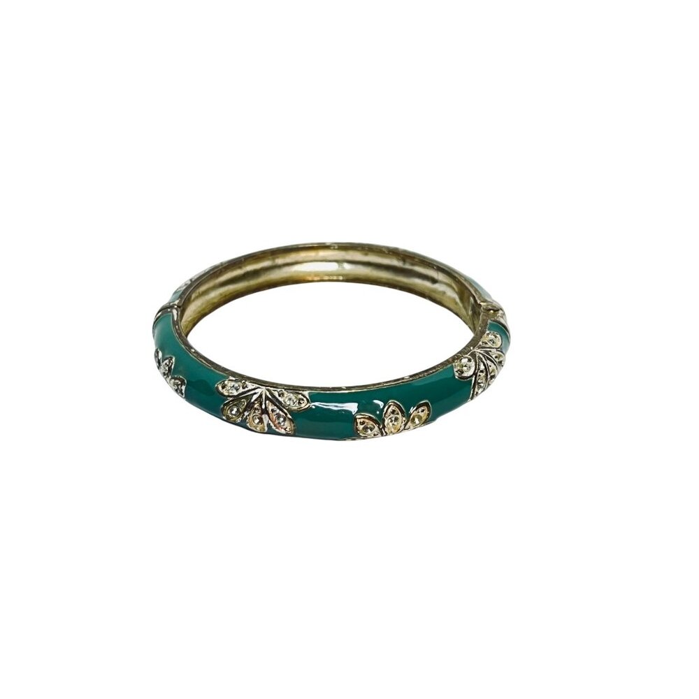 Gold Tone Blue Enamel And Rhinestone Hinged Bangle Bracelet (6152) - Picture 3 of 3